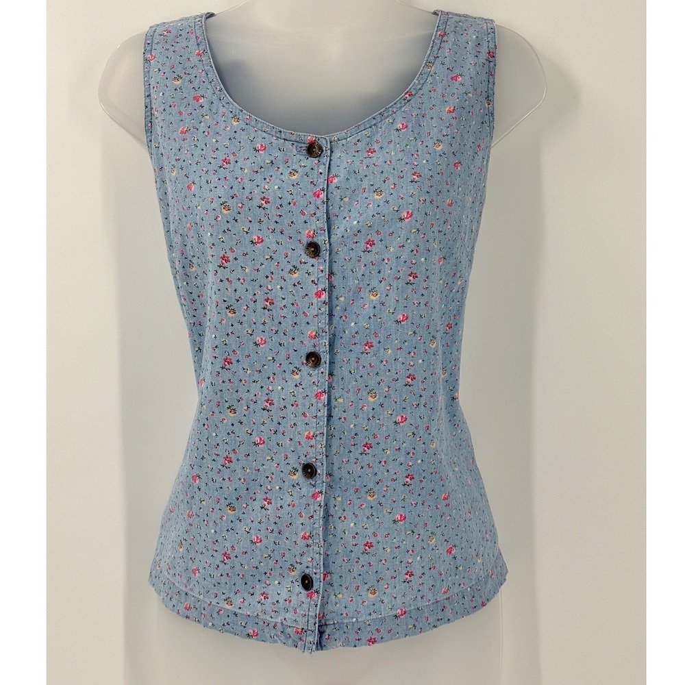 Vtg‎ 90s Floral Denim Button Front Top Womens sz M P country western cottagecore